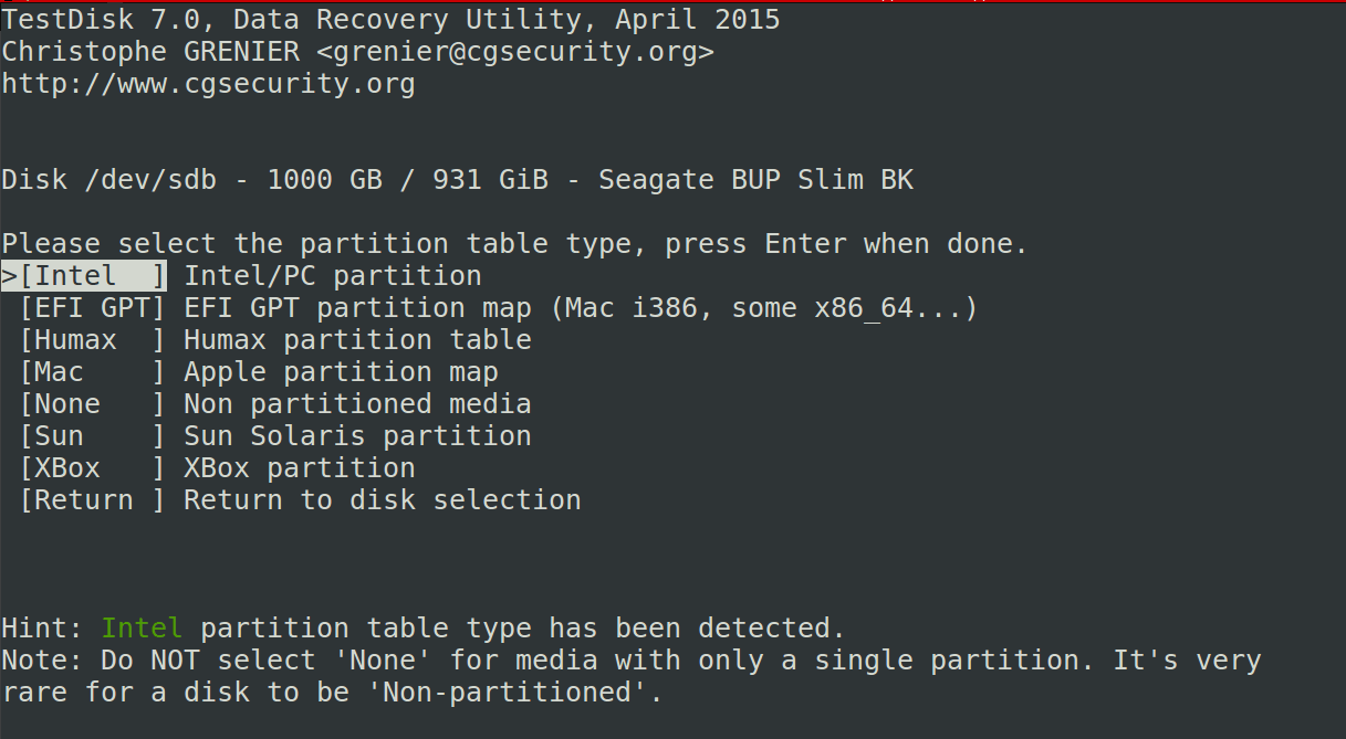 Select partition table type