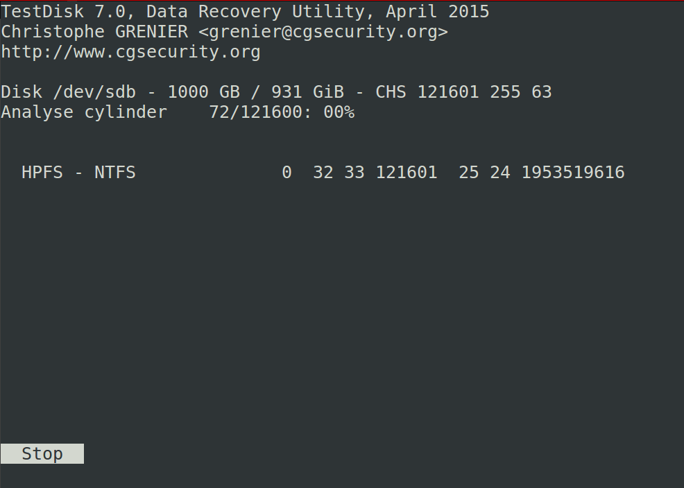 Testdisk analysis in progress